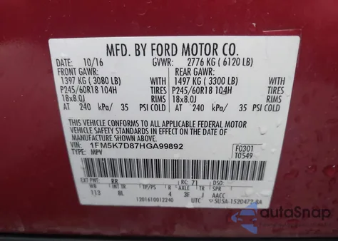 2017 Ford Explorer Xlt z USA, uszkodzony, nr VIN 1FM5K7D87HGA99892